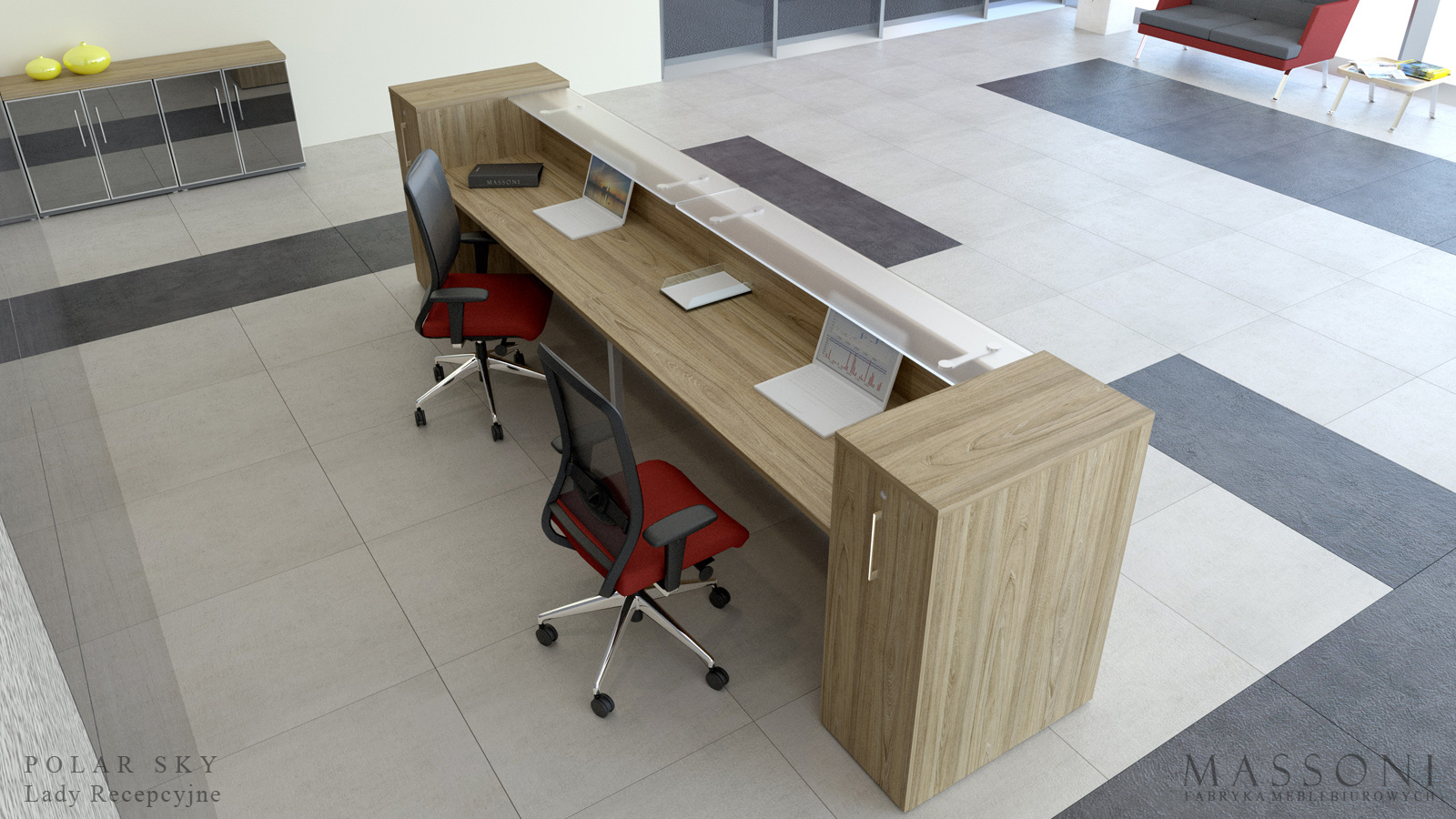Fabryka Mebli Biurowych Massoni Lady Recepcyjne Polar Sky estetyczne wnetrze lady recepcyjne HPL